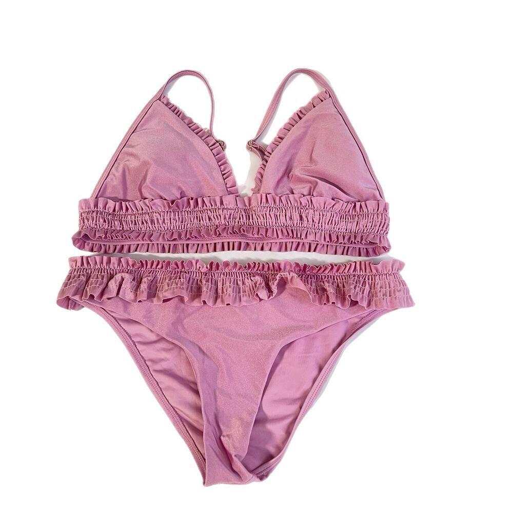 Chelsea And Violet Pink Smocked Ruched Ruffle Bikini Large